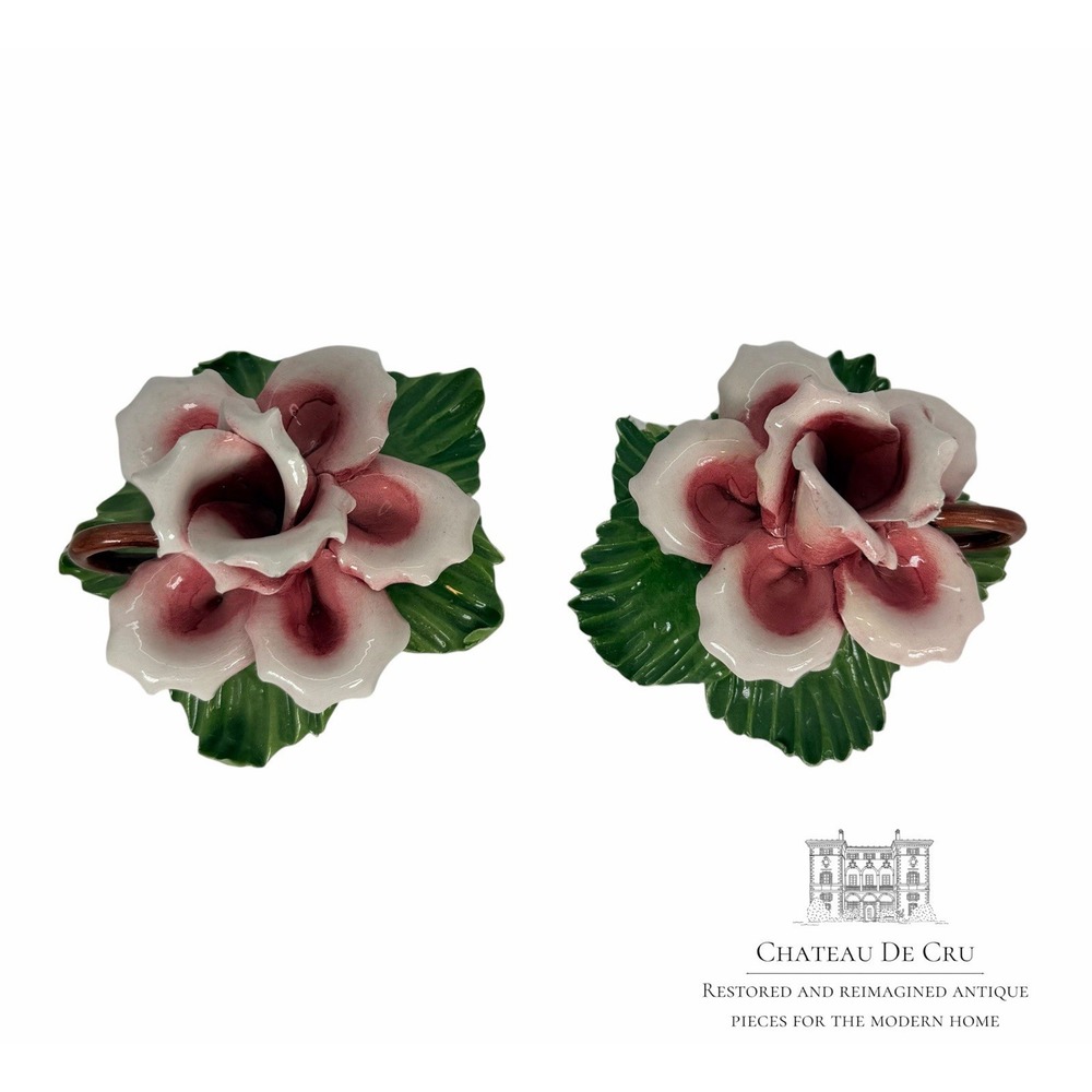 Rose Flower Candle Holders Vintage Capodimonte Pink Handmade Cottage Core Italy